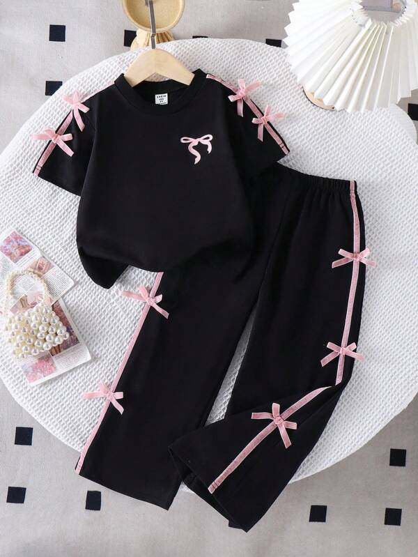 SHEIN Girls (Small Size) Cute Pink Bow Print Short Sleeve T-Shirt With Bow Decor And Black Pants, Fashion Summer Outfit