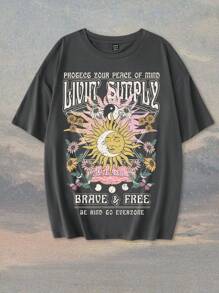 Tseoso 1 Pc Slogan Graphic Print Oversized Casual Round Neck Short Sleeve T-Shirt For Women, Suitable For Summer Astral Suitable For Going Out