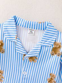 2pcs Baby Boys Casual Striped Bear Print Long Sleeve Top And Pants Pajama Set Fall Winter - Blue - View 5