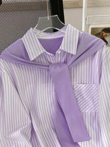 SHEIN 女式长袖条纹单排扣口袋休闲衬衫，秋季 - 淡紫色 - 查看 3