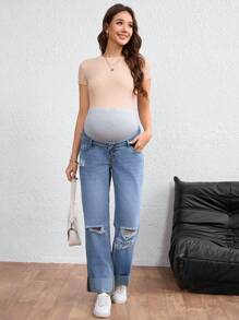 SHEIN 孕妇装撞色口袋做旧直筒休闲牛仔裤 - 中等水洗藍 - 查看 3