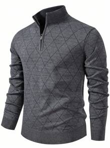 Manfinity Mode Men Plus Size Half Zipper Argyle Print Casual Long Sleeve Pullover Sweater, Fall/Winter