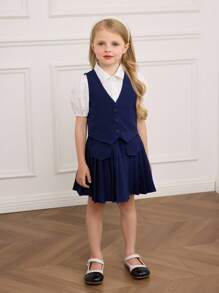 SHEIN Conjunto de 3 piezas de estilo escolar para niña joven: blusa azul marino, falda plisada, camisa de manga corta. Conjunto de blusa azul marino, falda y uniforme escolar para niñas, atuendo colegial de niña pequeña - Azul Marino - Ver 5