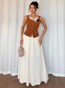 Franclia 2pcs/Set Ruffle Trim Fitted Sleeveless Tank Top And Floral Embroidery Mini Skirt, Casual Outfit - Brown - View 5