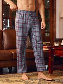 SHEIN Men's Plaid Straight Leg Lounge Pants, Fall - Burgundy - View 6