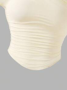 青少年女孩休闲纯色不对称领口褶皱修身T恤，夏季 - 米色 - 查看 4