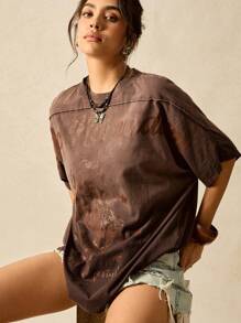 Easelle Women's Fashion Boho Round Neck Batwing Sleeve Coffee Brown Knit T-Shirts With Print For Summer Outfits Western Nomadic Graphic Tees