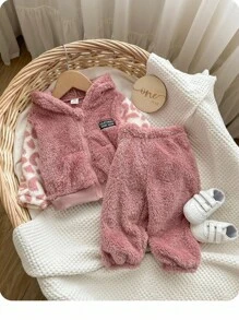 SHEIN 2 件套女婴羊毛连帽夹克和裤子套装