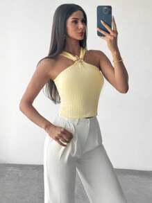 Firerie Damen eleganter, lässiger, modischer neuer Trägertop aus Muschel-Metall-Dekor mit Criss-Cross-Muster, eng anliegend, gelb, geeignet für Urlaub und täglichen Sommertragen