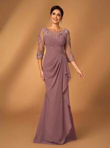 Serin 女士优雅灰粉色雪纺面料连衣裙，圆领透视长袖，褶饰，亮片贴花装饰，鱼尾裙摆，适合新娘母亲参加婚礼、正式活动、派对、母亲正式礼服 - 咖啡棕 - 查看 4