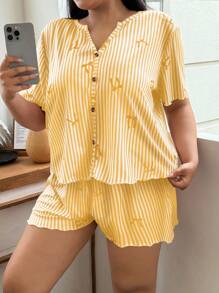 SHEIN 条纹蝴蝶结印花休闲纽扣大码睡衣套装 - 黃色 - 查看 4