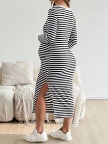 SHEIN Maternity Striped Round Neck Long Sleeve Side Split Hem Casual Dress  Fall Clothes Fall Dresses - Black and White - View 2