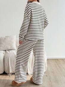 SHEIN Autumn And Winter 2pcs Maternity Casual Striped Loose Batwing Long Sleeve Top And Pants Sets