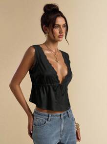 SHEIN BAE Satin-Finish Lace Patchwork Tank Top, Suitable For Vacation, Beach, Music Festival, Brunch, Wedding Guest Attire, Bridesmaid Top, Spring/Summer - Black - View 4