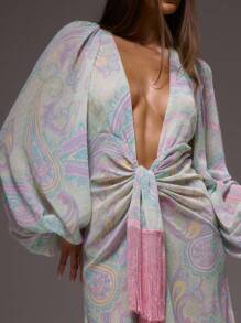 SHEIN x Eduarda Gutierrez MUSERA 花卉佩斯利印花可爱雪纺宽松长袖轻盈系带连衣裙，适合春夏性感海滩俱乐部度假婚礼宾客、秋季婚礼宾客、约会之夜、秋冬夏季穿着 - 彩色 - 查看 3