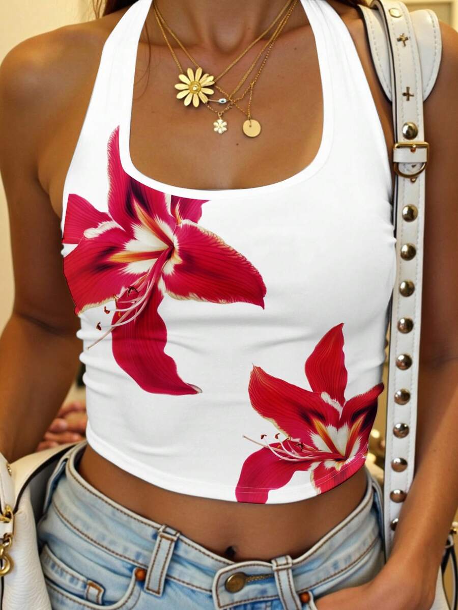 SHEIN EZwear 女士休闲紧身露背花卉印花吊带背心，适合夏季度假