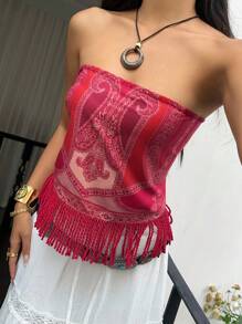 Sunnyshic Vintage Paisley Pattern Crochet Tassel Lace-Up Backless Crop Top - Red - View 3