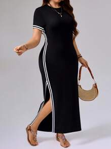 SHEIN Tall Women Plus Size Long Split Hem Dress, Spring/Summer Black And White Dress Women Black Dress With Slit Sporty Dress - Black - View 4