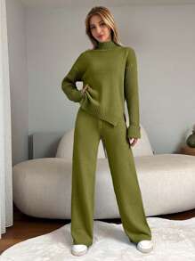 EURMUSE 2pcs Women High Neck Batwing Long Sleeve Sweater And Long Pants Casual Set - Olive Green - View 1