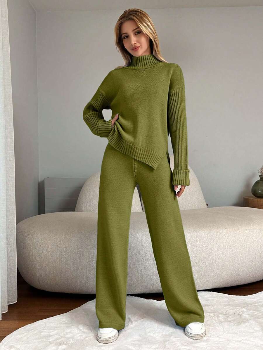 EURMUSE 2pcs Women High Neck Batwing Long Sleeve Sweater And Long Pants Casual Set - Olive Green - View 1