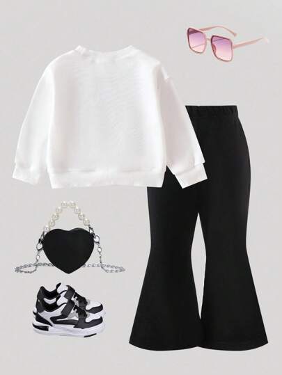 SHEIN Bộ đồ len dệt kim cổ tròn tay dài có nơ trang trí dễ thương cho bé gái và quần len ống loe lưng chun, giản dị và đáng yêu, mùa thu/đông
