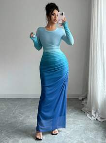 Breezaya 女士网纱泡泡袖渐变褶皱修身连衣裙，休闲百搭，适合日常穿着、海滩、居家、办公等场合，长款连衣裙风格，可打造派对休闲造型，春季大学校园秋季女装。