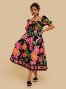 Travachic Váy công chúa thanh lịch tay bồng in họa tiết hoa nhiệt đới nhiều màu sắc cho kỳ nghỉ cỡ lớn, váy dự tiệc mùa hè cho quý cô - màu đen - Xem 7