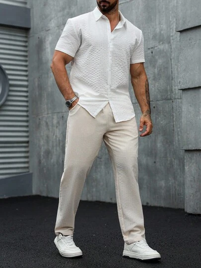 Manfinity CasualCool Men's Casual Single-Breasted Short Sleeve Shirt And Pants Set, Solid Color, Summer