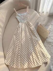 Cévolie Vestido largo de tirantes finos con estampado de lunares en estilo vintage francés para playa y vacaciones