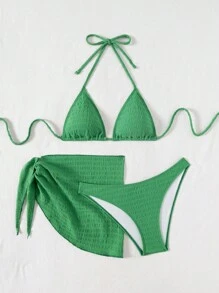 Swim Mod 3 件套女士休闲纯色吊带比基尼上衣、三角形下装和不对称下摆短裙套装 - 綠色 - 查看 5