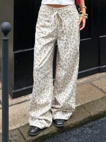 Muchica Pantalon à bretelles en jean imprimé léopard pour femmes, convient pour un usage quotidien