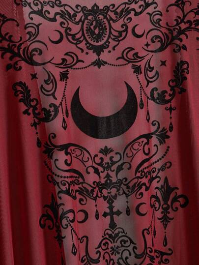 Goth Back To School Romantic Gothic Vintage Baroque Vine & Moon Pattern Flocked Fabric Hippie Texture Asymmetrical Fringe Cardigan Blouse Without Shoulder Seams, For Spring/Summer Holiday