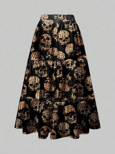 Grunge Punk Sexy Punk Leopard Print & Skull Allover Print 3 Layer Vintage Mini Skirt For Women