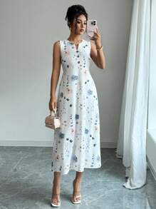 SHEIN PETITE Abito casual da donna con scollo a V, stampa floreale, senza maniche, con tasche, lavorato a maglia, adatto alle vacanze