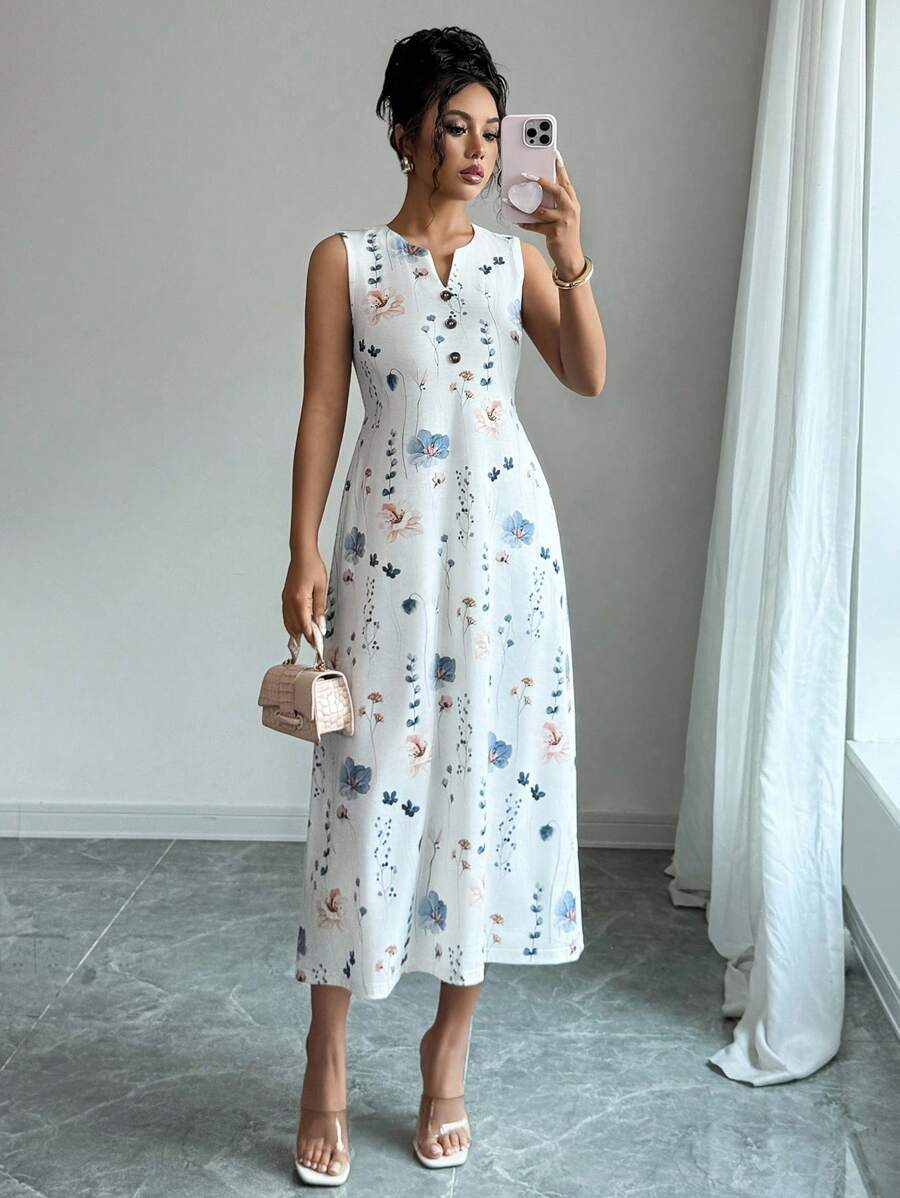 SHEIN PETITE Abito casual da donna con scollo a V, stampa floreale, senza maniche, con tasche, lavorato a maglia, adatto alle vacanze