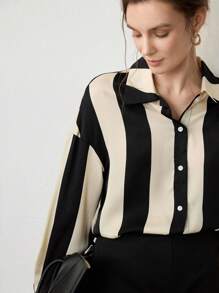 Uhlyne White Blouse,Business Casual,Work Wear Women,Office Outfits,Teacher Outfits For Women Collared Long Sleeve Striped Print Elegant Commuting Minimalist Women Shirt Fall Cloth For Women - Black - View 7