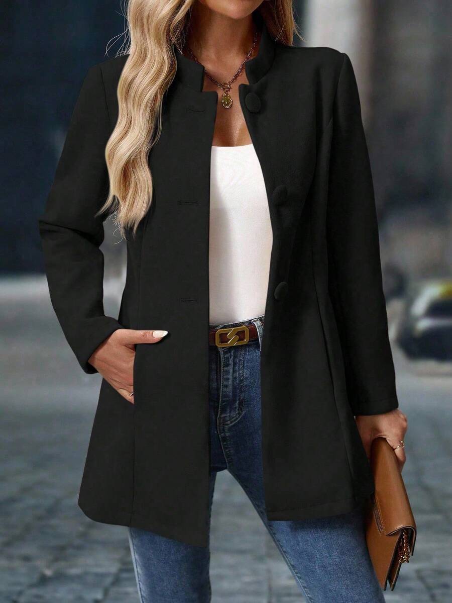 SHEIN PETITE Abrigo largo casual de mujer de un solo pecho con bolsillo de unicolor y manga larga - Negro - Ver 1