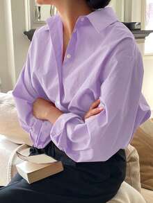 DAZY 女士休闲纯色宽肩棉质衬衫，百搭，春秋季办公室衬衫长袖上衣 - 淡紫色 - 查看 5