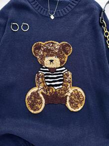 SHEIN Teenage Girl Oversized Crew Neck Casual Bear Graphic Long Sleeve Pullover Sweater In Blue, Red, White, Thermal, Fashionable Streetwear, Loose, Suitable For School, Sports, College, Vintage,In Fall/Winter