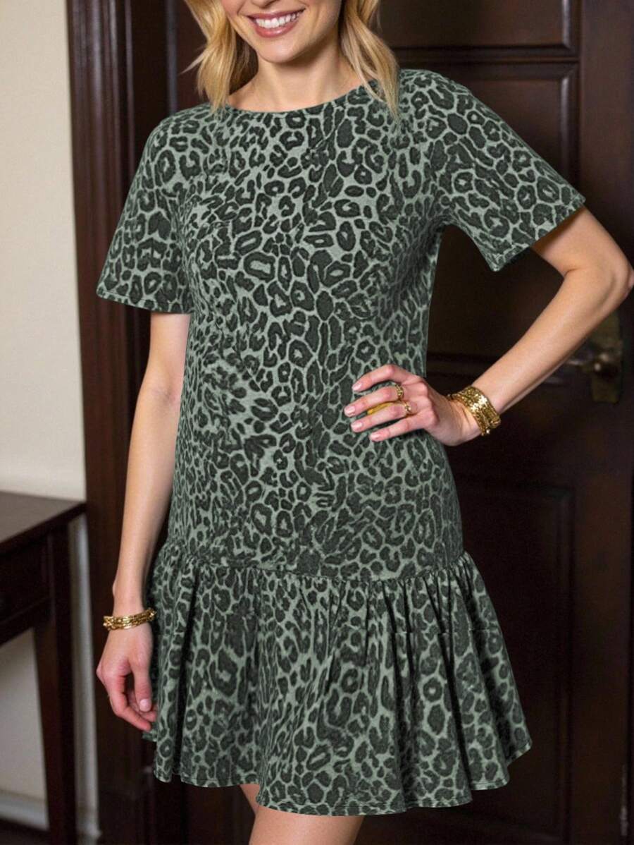 Plus Size Contrast Leopard Print Short Sleeve Casual Summer Dress - Multicolor - View 1