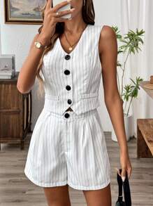 Chiquease Striped Print Button Front Vest Blazer & Shorts - White - View 3