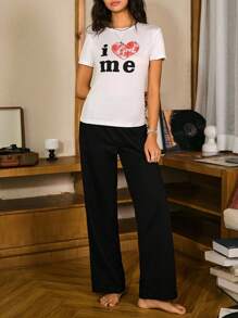 Miss Vinta 女士心形与字母印花短袖上衣和长裤睡衣套装