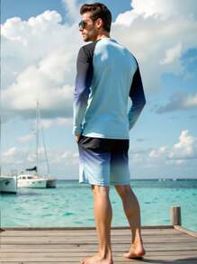 Manfinity VDAYZ Conjunto de camiseta rashguard con mangas raglán con estampado de letras y degradado para hombre, protección solar