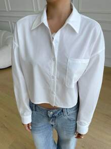 SHEIN Camicetta casual e versatile per ragazze adolescenti, manica lunga, con taschino, colletto alla coreana, bottoni, vestibilità morbida, design minimalista, adatta per il ritorno a scuola