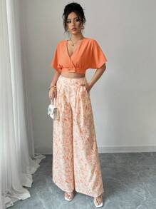Calvaya 2pcs/Set Women Summer V-Neck Short Sleeve Button Blouse & High Waist Wide Leg Pants