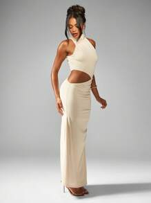 MISSGUIDED Elegant High Neck Cut Out Evening Maxi Dress Sleeveless Form Fitting Special Occasion Floor Length Ruched Party Gown