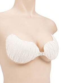 SHEIN 1pc Solid Color Textured Lace Trimmed Bandeau Bra - Apricot - View 3