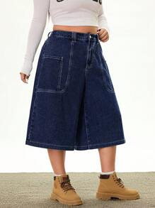 Rivivi Plus Size Women Pocket Patchwork Loose Washed A-Line Wide Leg Jeans