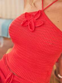 Aralina Atasan Rajut Crochet Motif Bunga 3D Leher Halter untuk Liburan Musim Panas - Merah - View 3