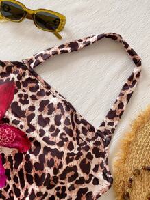 1件装女童豹纹热带花卉印花露脐吊带背心，休闲夏季女童背心，豹纹背心，猎豹纹背心，花朵抹胸背心，花卉吊带背心